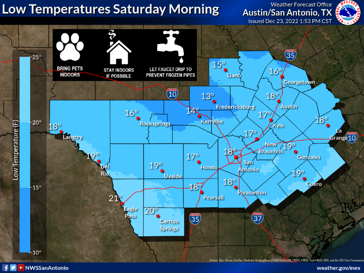 BexarCOSW's tweet photo. Tonight Another #BRRy cold night.  Skies becoming clear with lows in the upper teens (17°F to 19°F).

Extended: Additional hard freeze mornings this weekend, then we warm up to the low 70s by Wednesday. 👀

#WhatWinter? https://t.co/vvm7vesNHL
