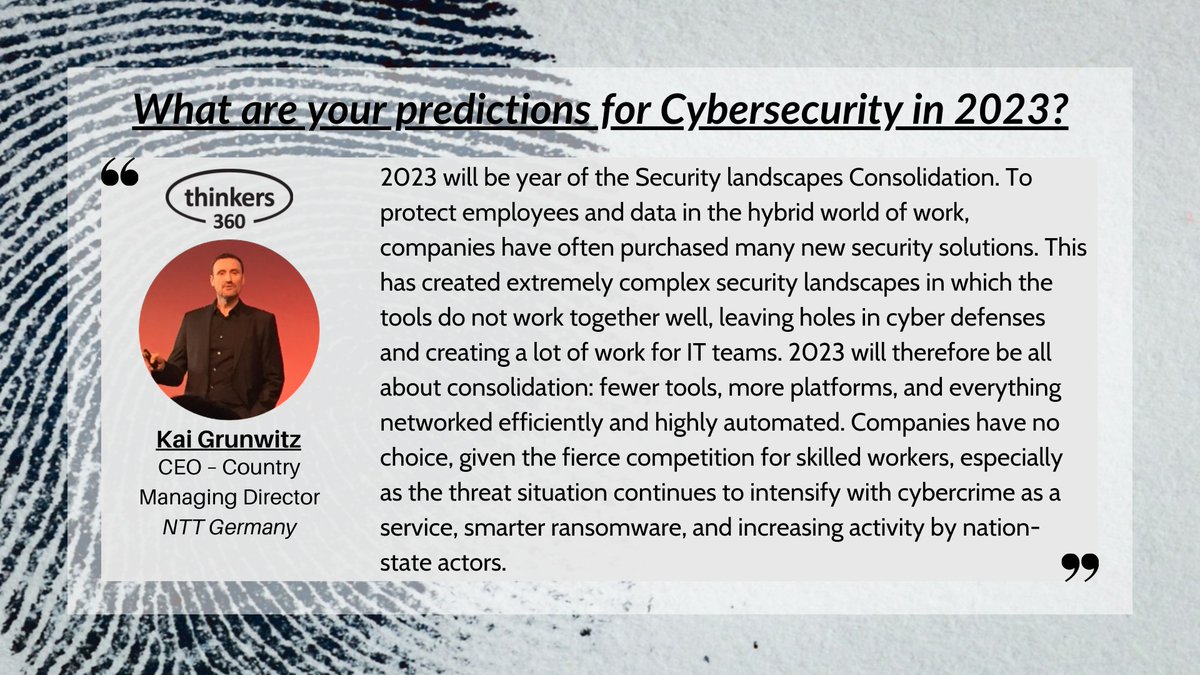 Thinkers360 (@thinkers360) on Twitter photo What are your predictions for Cybersecurity in 2023?
Check out these insights from <a href="/KaiGrunwitz/">Kai Grunwitz</a> of @GlobalNTT and other top #B2BInfluencers and #Thoughtleaders
thinkers360.com/thinkers360-pr…
#Cybersecurity #2023Predictions #Thinkers360Predictions #B2BInfluencers #ThoughtLeaders What are your predictions for Cybersecurity in 2023?
Check out these insights from <a href="/KaiGrunwitz/">Kai Grunwitz</a> of @GlobalNTT and other top #B2BInfluencers and #Thoughtleaders
thinkers360.com/thinkers360-pr…
#Cybersecurity #2023Predictions #Thinkers360Predictions #B2BInfluencers #ThoughtLeaders