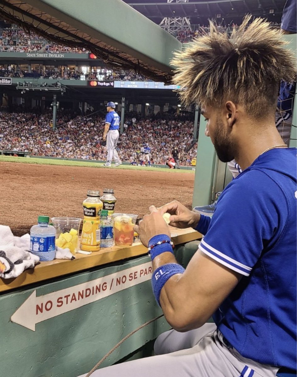MikeBeauvais's tweet photo. I’ll always remember the time Lourdes Gurriel Jr. made himself a fruit cocktail in the dugout at Fenway when the Jays were curbstomping the Red Sox 28-5 last summer. https://t.co/73ZhndgR6z
