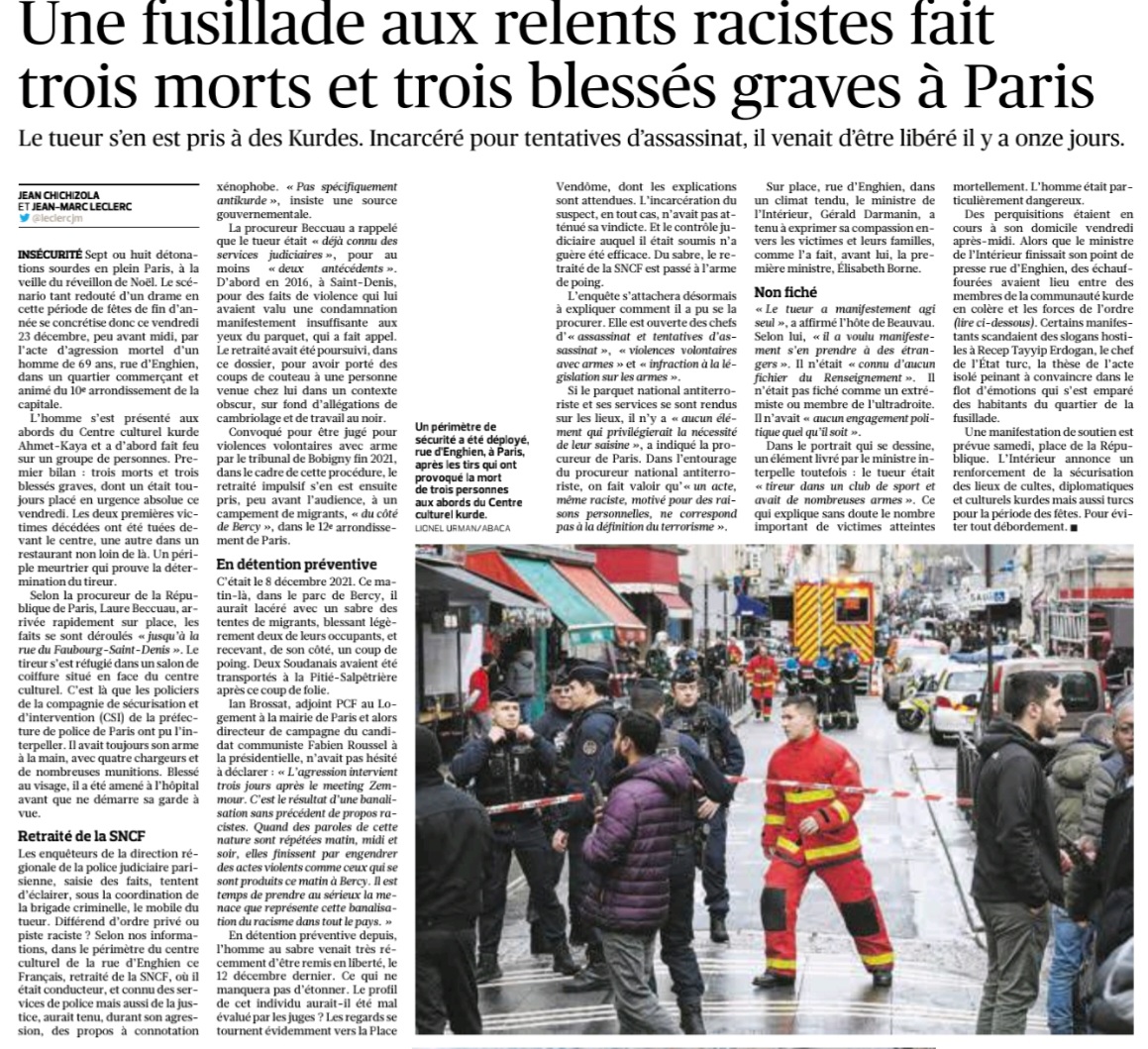 Une #fusillade aux relents #racistes fait 3 morts et 3 blessés à #Paris10. Les #kurdes visés. Le @prefpolice reçoit leurs représentants ce samedi. Comment un tireur sportif possédant des #armes avec de tels antécédents a-t-il pu échapper aux fichiers du Renseignement? @Le_Figaro