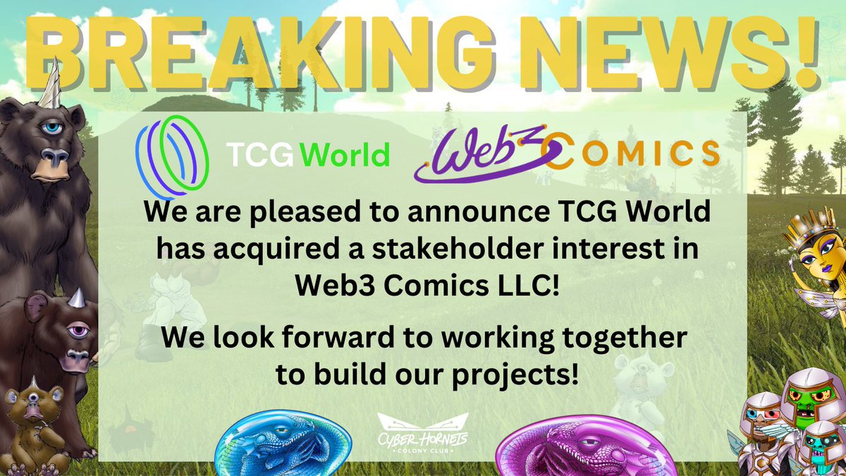 TCG World is Partnering With <a href="/Web3Comics/">Web3 Comics LLC</a> LLC 🚨

They are the Parent Company of <a href="/TheCyberHornets/">Cyber Hornets</a> &amp; <a href="/AnimusNFTs/">Animus</a>!

What to Look Forward For: ⬇️

- Working to Become the Marvel/DC of the #Web3 Space!

- Bringing Comic Books into the #Metaverse!

- Create a #TCGWorld Comic Series! 📚