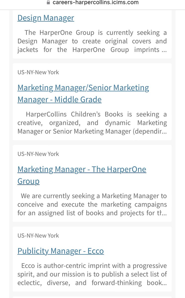 lllliatttt's tweet photo. harpercollins just so happens to be posting a bunch of “manager” jobs - the lowest title that’s not eligible for @hcpunion membership

if showing solidarity and not being a fucking scab isn’t enough motivation not to apply, just know they will NEVER promote you past this https://t.co/9mtvg41tcl