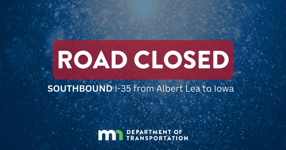 Southbound I-35 at Albert Lea will be closing at 4 p.m. Whiteout conditions have forced the Iowa Department of Transportation to close the highway in north Iowa.
Continue to monitor 511mn.org for updates.
#mnwx #iawx #I35 #albertlea #blizzard