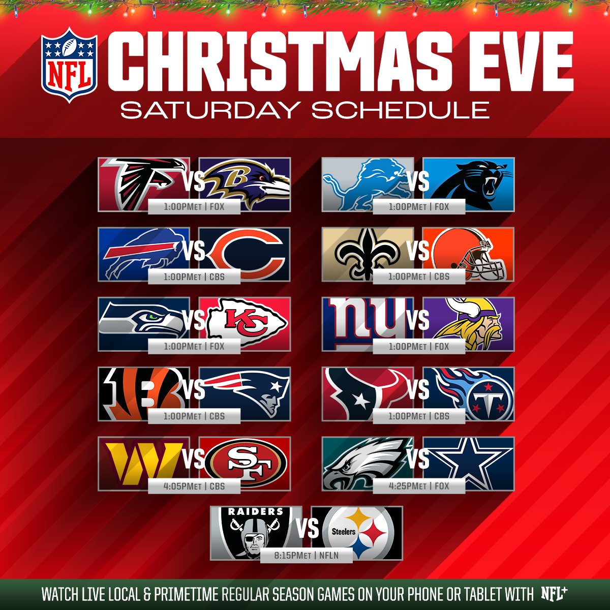 NFL Various Games Christmas Eve Edition (Week 16) More Sports