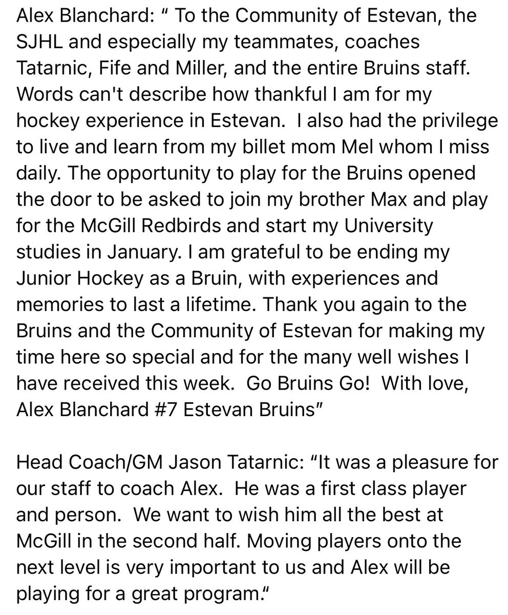 The Estevan Bruins are proud to announce that defenceman Alex Blanchard will be joining the McGill University Redbirds after the Christmas break! 

We wish Alex the best of luck in <a href="/McGillHockey/">McGill Men's Hockey</a> and thank him for his contributions to our team and the community! 👏👏👏 #SJHL