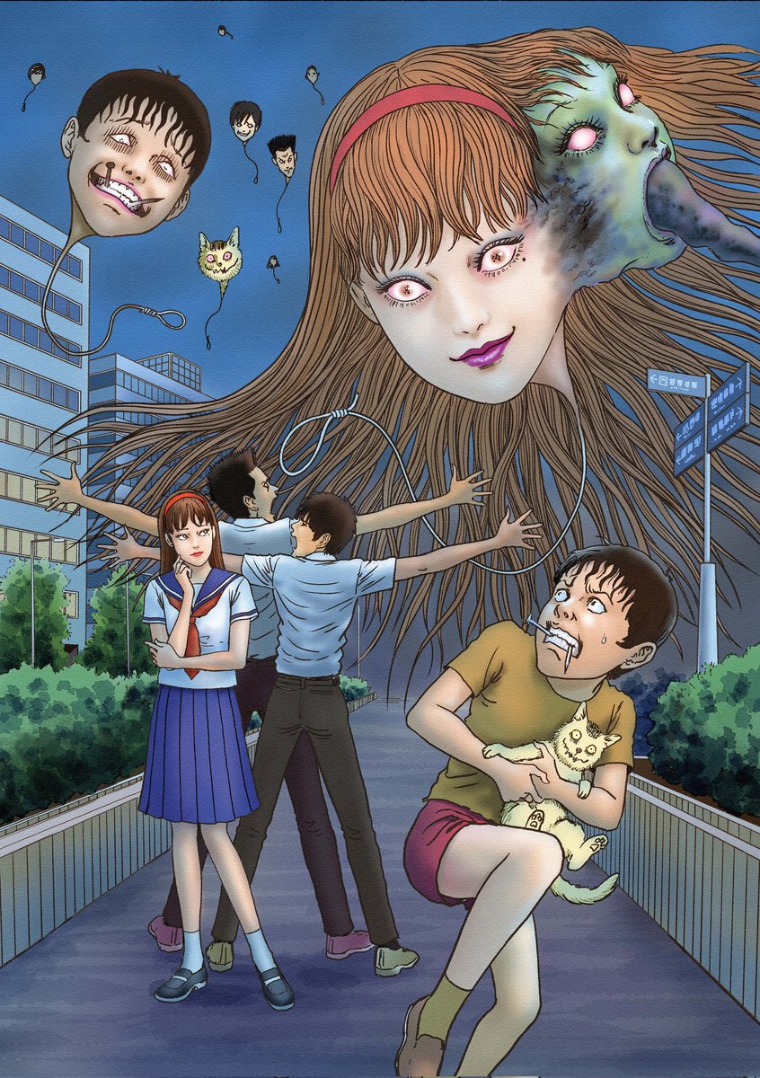 levmauc's tweet photo. NETFLIX estrena el 19 de Enero la serie de terror del maestro Junji Ito, y para celebrarlo, el artista ha creado ésta maravillosa ilustración con algunos de los personajes que aparecerán en las historias de su serie. https://t.co/KvJrLbqRbA