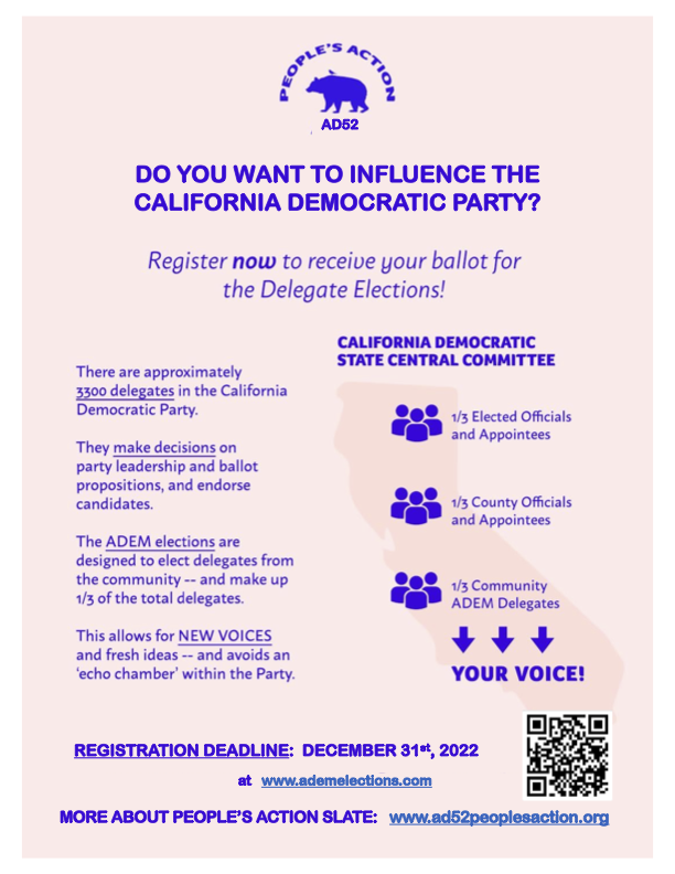 AD52PeoplesAxn's tweet photo. ADEM delegate elections are BACK!π³βοΈβοΈβοΈ
and so is the AD52 PEOPLE'S ACTION SLATE!π₯
Check us out π
& be sure to REGISTER to VOTE by SAT, DEC 31st!
(see how below...) π
#adem2023
#AD52PeoplesAction
#CADEM
#cdpdelegateelections
#ProgressiveDems
#UnboughtUnbeholden https://t.co/FYUj96ECDs