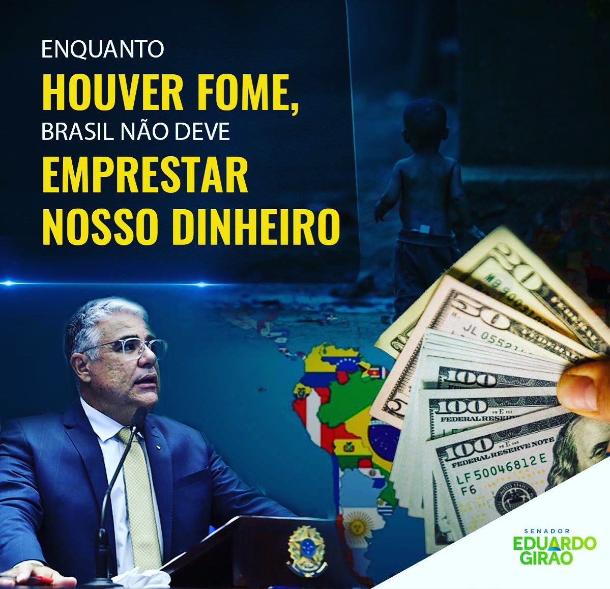 EduGiraoOficial's tweet photo. BASTA DE POLITICAGEM C/CHAPEU ALHEIO! Protocolei projeto no @SenadoFederal q proíbe União emprestar seu $ suado a países até q existam brasileiros abaixo da linha da pobreza.É q já vimos PT enviar bilhões a fundo perdido até p ditaduras alinhadas ideologicamente c/eles…Paz &amp; Bem https://t.co/5Gj9KFfS5T