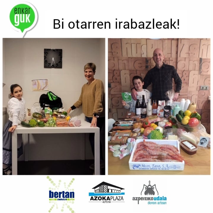 Hemen EnkarGuk-eko 2 otarren irabazleak.
Bertako saltokietako zein ekoizleen produktuekin ederki goxatuko dituzte datozen egunak 2 familiek🤤. 
Eskerrik asko alea jartzen duzuen guztiori. Aupa zuek!
💚💚💚💚💚💚#bertakoazelikatu
#BertanBIziBertanErosi #zukerosigukeraman #azpeitia