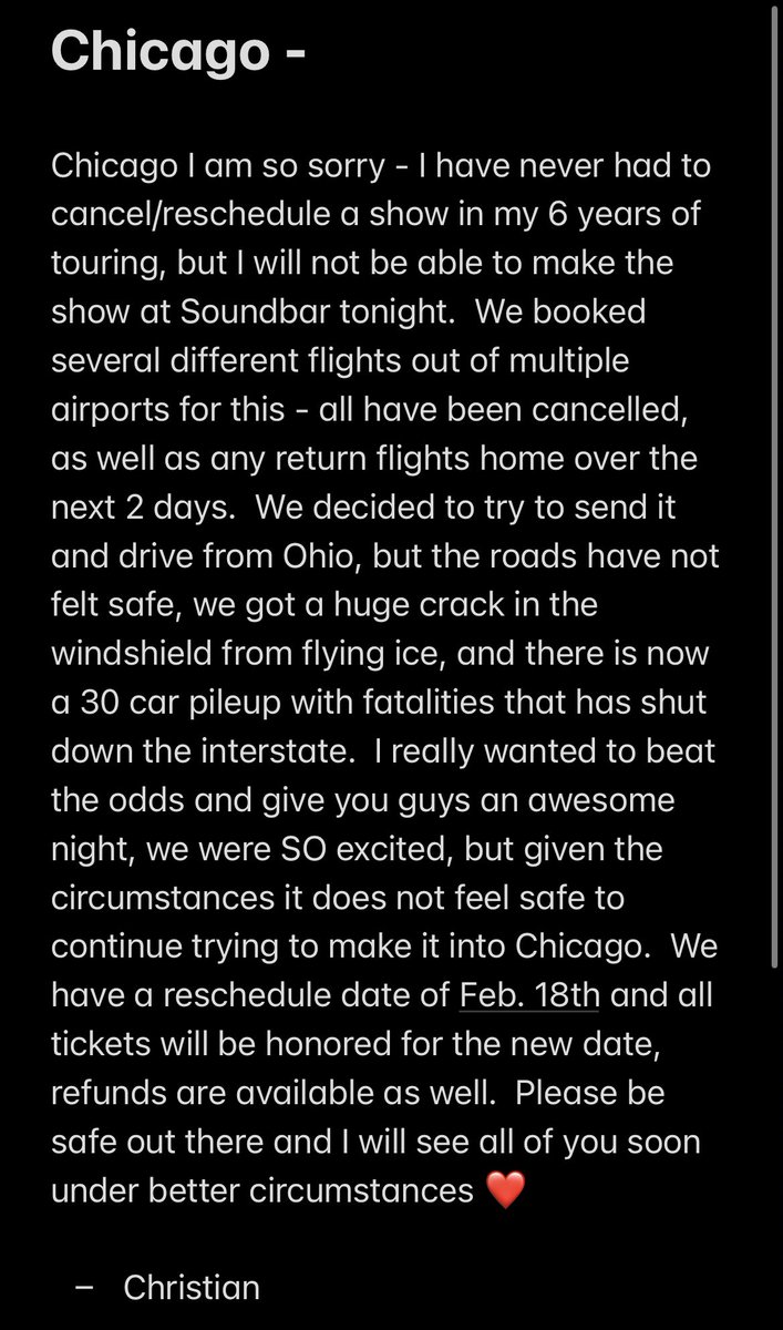 chicago update 😓

new date is feb 18th and i hope to see you all there ❤️