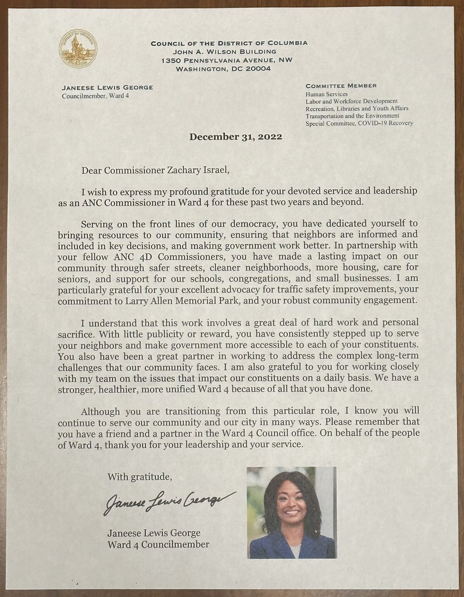 ZachBIsrael's tweet image. Thank you for this letter @Janeese4DC! I truly lucked out getting to serve as an Advisory Neighborhood Commissioner right at the beginning of your tenure on the DC Council! #Ward4Proud