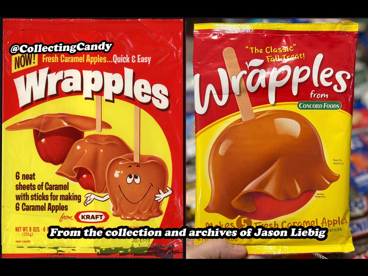 Collectingcandy's tweet photo. Wrapples!! Then and now!

From my archives, a Wrapples package from 1977 next to a contemporary edition I found last week at the grocery store. 

#vintagepackaging #caramelapples #wrapples #1970s #70s #70snostalgia https://t.co/mS4GKl921H