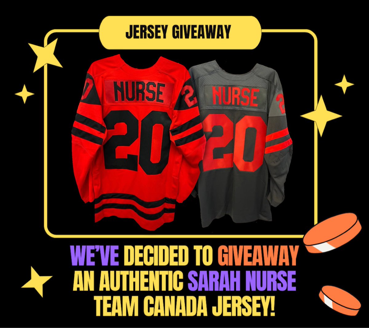 🎁JERSEY GIVEAWAY🎁

With Xmas around the corner we’ve decided to giveaway an authentic Sarah Nurse Team Canada jersey! 

To Enter:

1. Follow <a href="/HockeyTomorrow/">Hockey Of Tomorrow</a> 
2. Like ❤️ &amp; RT 🔄 this tweet
3. Sign up to our newsletter 📰 
4. Reply w/ size &amp; colour 🔴 or ⚫

Good luck 🎅🏼❄️