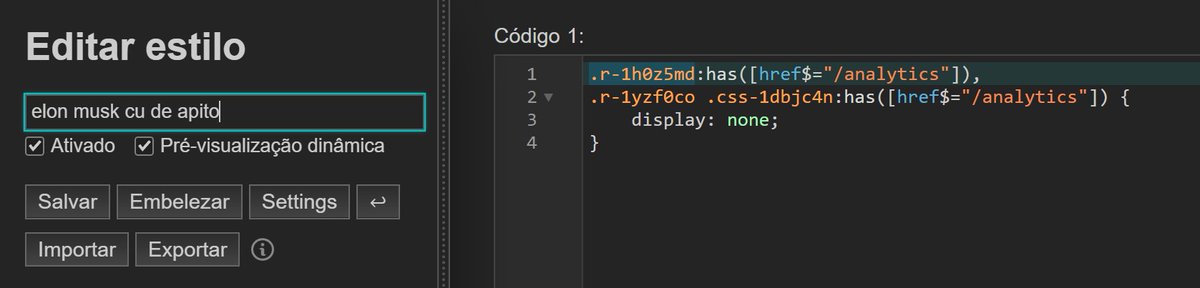quero_sossego's tweet photo. pra qm quiser tirar o negocin de quem ta vendo teus tweet é só baixar essa extensao abrir o twitter e clicar pra gerenciar um estilo novo e colar

.r-1h0z5md:has([href$="/analytics"]),
.r-1yzf0co .css-1dbjc4n:has([href$="/analytics"]) {
    display: none;
}

aqui tem informaçao. https://t.co/N5g3trqcZ4