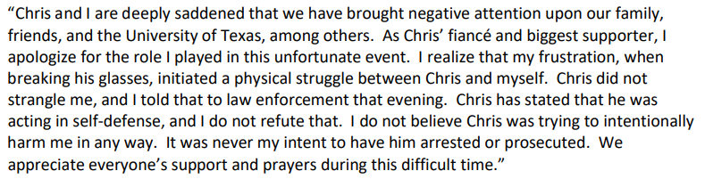 Ryan Autullo (@ryanautullo) on Twitter photo BREAKING: Chris Beard's fiancée gives first statement since the University of Texas basketball coach's arrest for family violence on Dec. 12.
She says Beard did not strangle her and she does not refute Beard's statement that he acted in self defense.
Story to come <a href="/statesman/">Austin Statesman</a>. BREAKING: Chris Beard's fiancée gives first statement since the University of Texas basketball coach's arrest for family violence on Dec. 12.
She says Beard did not strangle her and she does not refute Beard's statement that he acted in self defense.
Story to come <a href="/statesman/">Austin Statesman</a>.