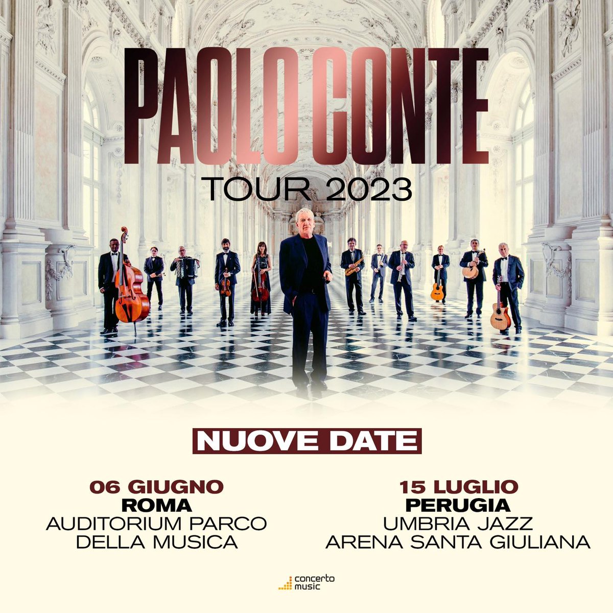 Si aggiungono due nuove date al #Tour2023 di Paolo Conte!
📌 Martedì 6 giugno 2023 - <a href="/AuditoriumPdM/">Auditorium PdM</a>  - Roma, ROMA
📌 Sabato 15 luglio 2023 - <a href="/UmbriaJazz_OFC/">Umbria Jazz</a>, Arena Santa Giuliana, PERUGIA 

🎫 Biglietti disponibili su TicketOne: ticketone.it/artist/paolo-c…
