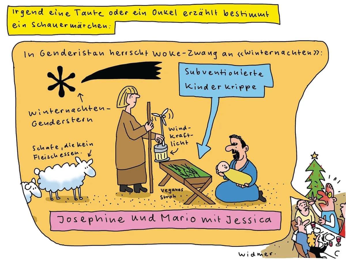 Zu einem Text von Jean-Marc Nia über die Gefahren der Familienweihnacht (Tages-Anzeiger, 23.12.22). #weihnachten #woke #gender #josephinemariojessica #ruediwidmercartoons #tagesanzeiger