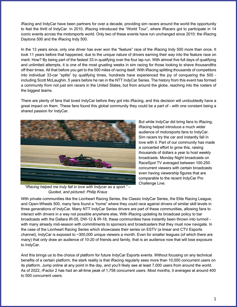 ArjunaKankipati's tweet image. The last few days have been painful for the @iRacing @IndyCar community.

The overwhelming sentiment from sim racers is this will only hurt us &amp;amp; IndyCar more than it could ever help. 225 members of our (often divided) community have come together to sign this letter to @IndyCar.