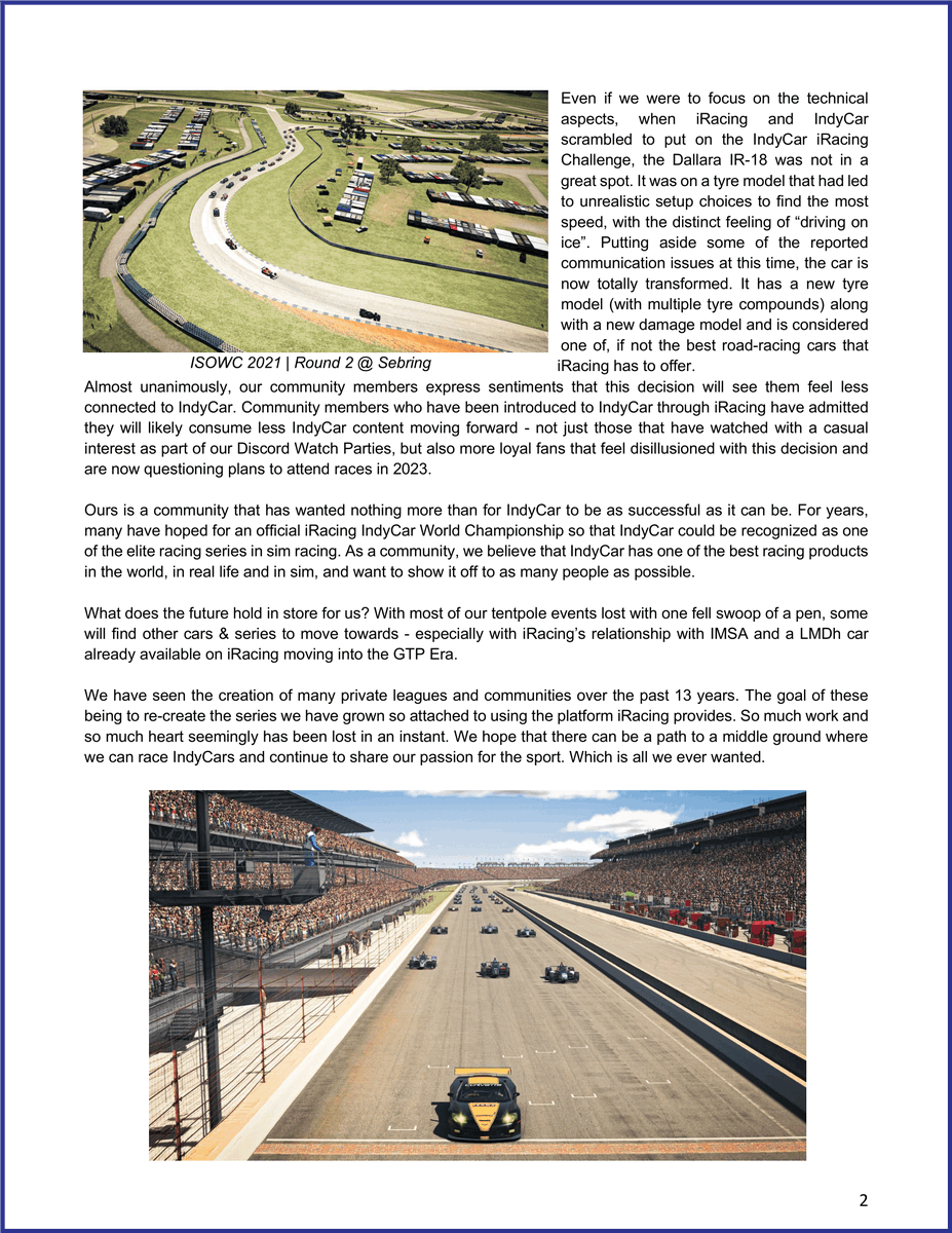 ArjunaKankipati's tweet image. The last few days have been painful for the @iRacing @IndyCar community.

The overwhelming sentiment from sim racers is this will only hurt us &amp;amp; IndyCar more than it could ever help. 225 members of our (often divided) community have come together to sign this letter to @IndyCar.