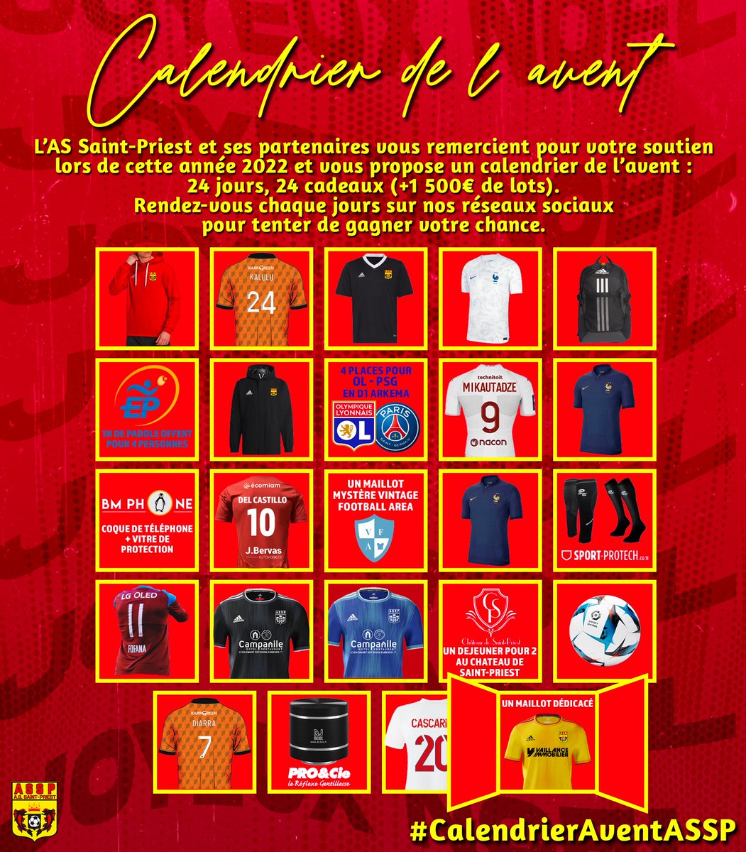assaintpriest's tweet image. #CalendrierAventASSP 𝗝𝗢𝗨𝗥 𝟮𝟰
Parce qu'on vous aime 🫶, nous vous proposons de gagner en ce 24 décembre un maillot domicile de l'équipe #N2 dédicacé

Jeu sur 𝗙𝗮𝗰𝗲𝗯𝗼𝗼𝗸, 𝗧𝘄𝗶𝘁𝘁𝗲𝗿 𝗲𝘁 𝗜𝗻𝘀𝘁𝗮𝗴𝗿𝗮𝗺

Procédure :
👉 Follow @assaintpriest  AS Saint Priest 
👉RT