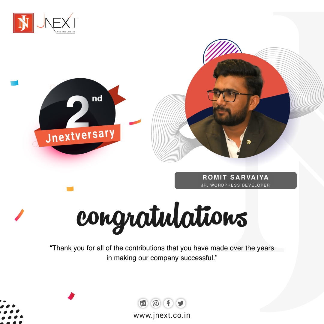 jnextservices's tweet photo. #Congratulations on your second #jnextversary 👨‍💻 Romit Sarvaiya! The work is not always easy, but you always make it easy! Thanks for always contributing 100%! ✨ Keep working like this, and nothing can stop you! 🚀

#jnext #jnexttechnologies #wordpressdeveloper #workanniversary https://t.co/xMSB2yztF3