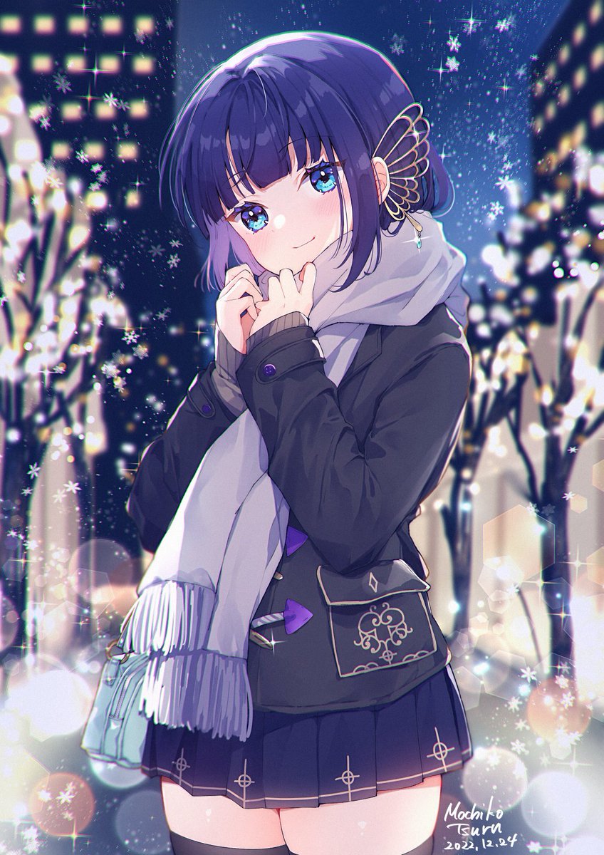 1girl solo thighhighs scarf blue eyes skirt smile  illustration images