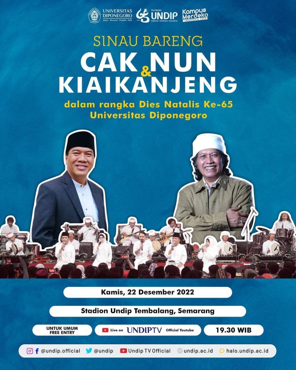 Undip menggelar rangkaian kegiatan Dies Natalis ke-65 Undip. Dalam kegiatan ini hadir Cak Njn dan Kiai Kanjeng, temukan cerita lengkapnya di ikaundip.org/readmore/93310…