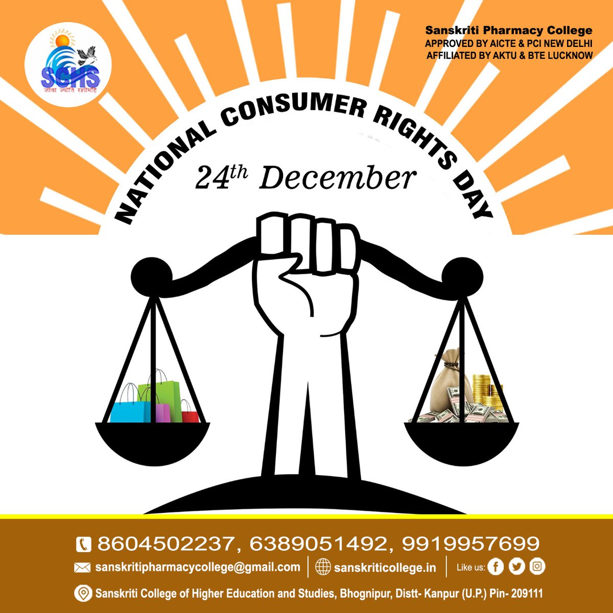 CollegeSchs's tweet photo. "Every consumer of the country should be aware,
Consumer protection law is helpful in this"!!
SCHS Pharmacy College team wishes you and your family a very Happy National Consumer Rights day !!
#Happy_National_Consumer_Rights

SCHS_Pharmacy_College https://t.co/EOBcEWoZjx