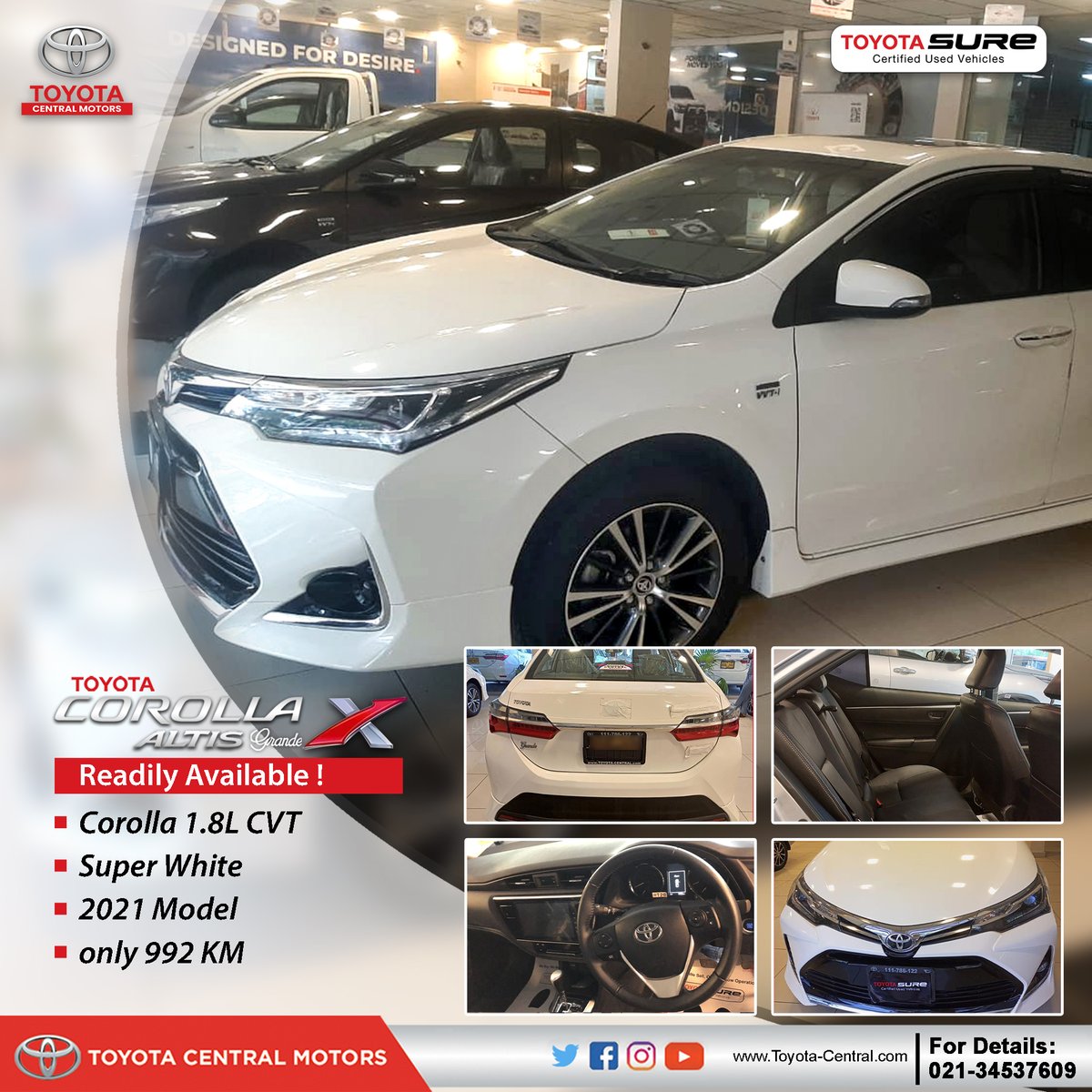 ToyotaCentralM2's tweet image. Offering the Readily Available Corolla Grande 1.8L CVT 2021 (Black Interior) with mileage of only 992km. Condition is just brand new!
For price &amp;amp; details, call us at 021-34537609
#toyotacentralmotors #toyotacorolla #readilyavailable #Grande #Corolla #certifiedvehicle #usedcars