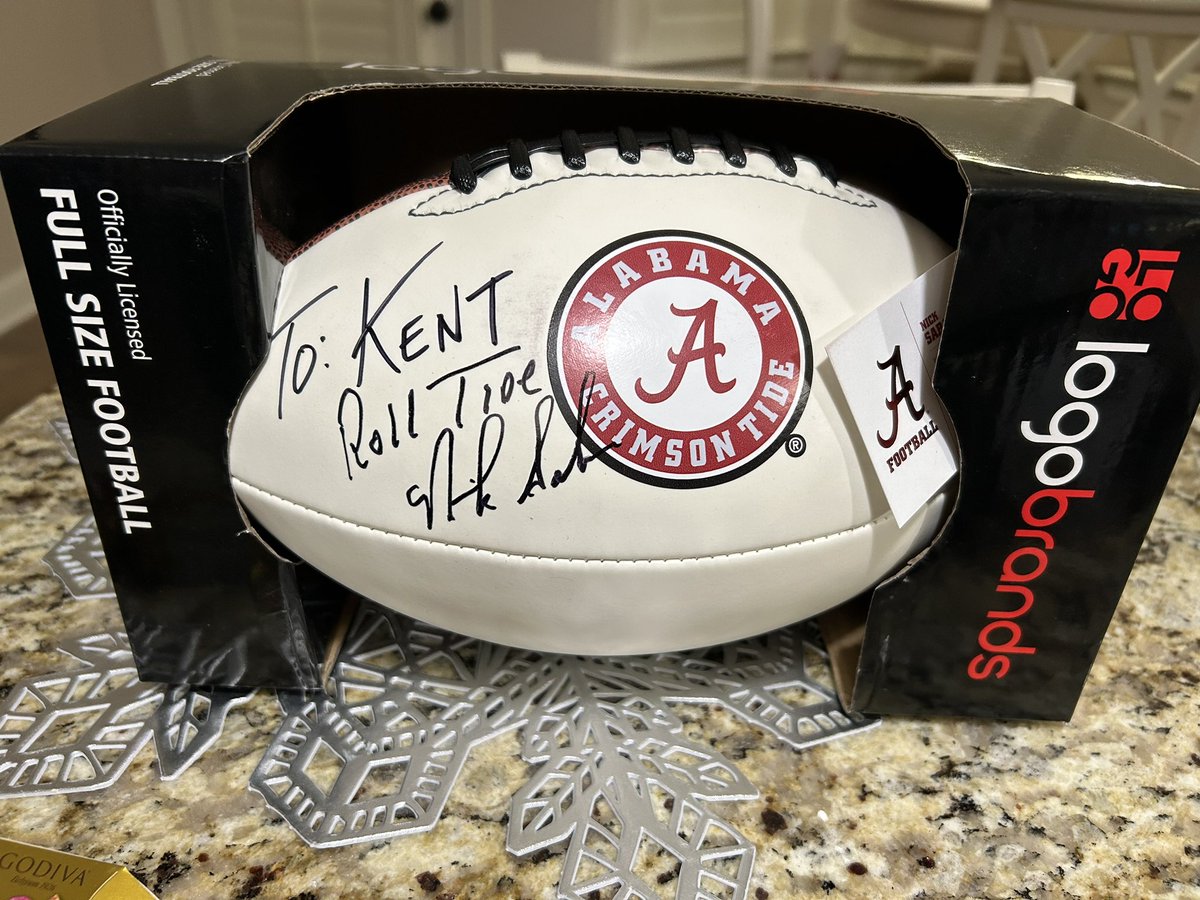 It has been a good year. Got a new pup, Saban, &amp; my daughter’s boss knew someone that could make this signed football happen. It’s now a treasure. #RollTide #TheGoat #GotSaban? #BamaDoes