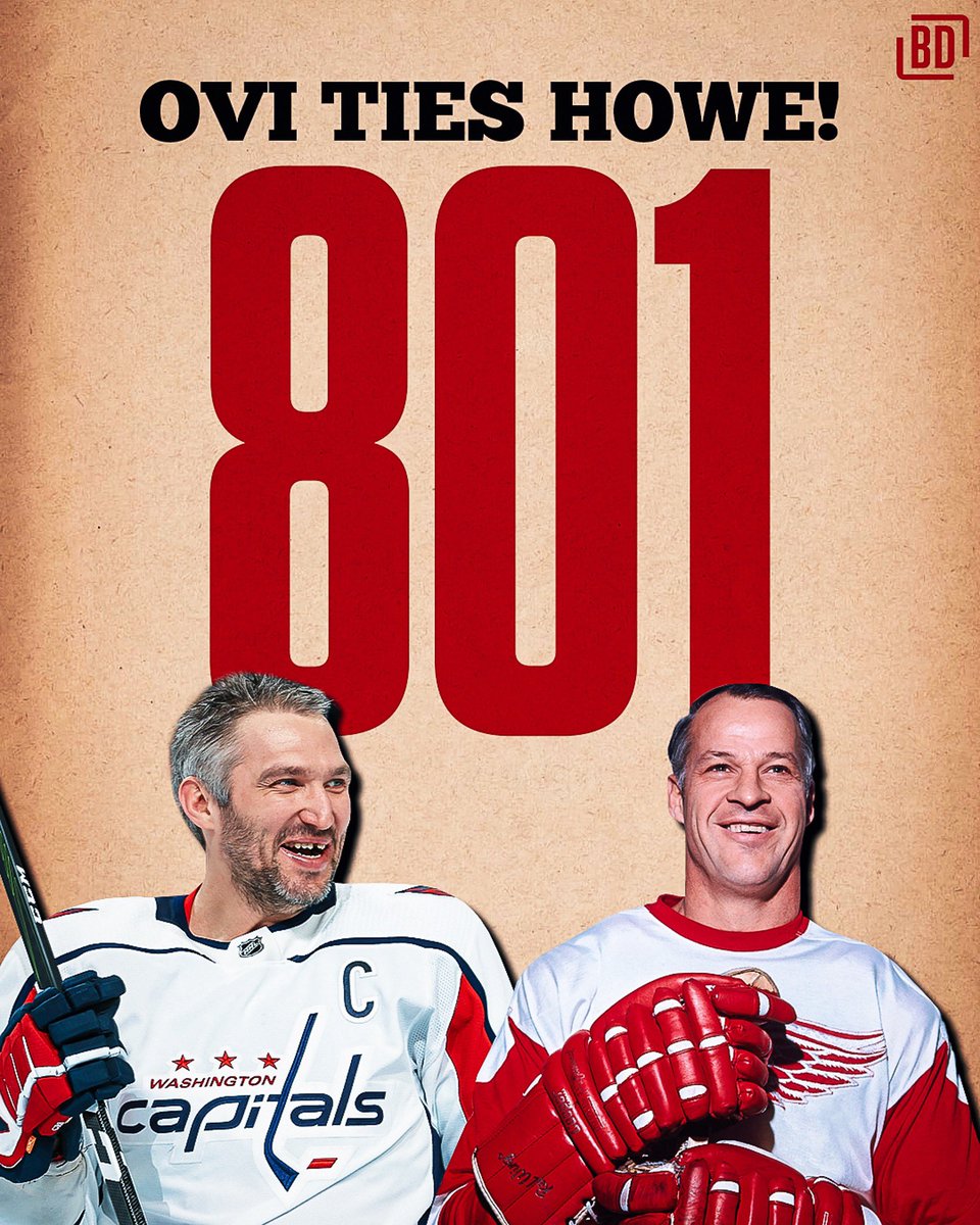 BarDown's tweet photo. 🚨801 FOR OVI🚨

Alex Ovechkin has tied Gordie Howe for second on the all-time NHL goals list with 801! https://t.co/ENCglOXkaI