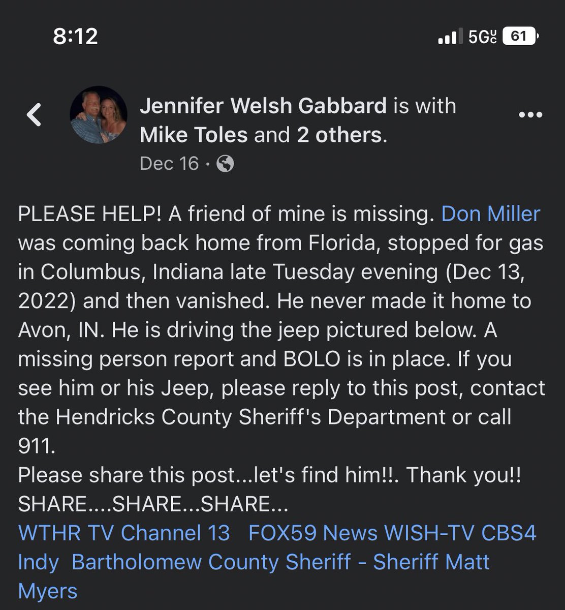 fakexit's tweet photo. Don Miller was last confirmed to be seen at a Circle K in Columbus, IN at 10:50 am on Dec 14. If you have any information, please contact Hendricks County Sheriffs Dept. please share so we can find him!#MissingPerson #columbusin #missing #missinginindiana #indiana @WISH_TV @FOX59 https://t.co/zV65jFCmRY