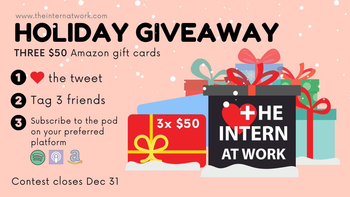 The Intern At Work (@internatwork) on Twitter photo And that’s a wrap on 2022🎉! Thank you for supporting The Intern At Work. To celebrate, we’re giving away THREE $50 Amazon gift cards:
✅Like this tweet
✅Tag 3 friends who would enjoy the pod
✅Subscribe to the pod on your preferred platform
Winners will receive a DM! And that’s a wrap on 2022🎉! Thank you for supporting The Intern At Work. To celebrate, we’re giving away THREE $50 Amazon gift cards:
✅Like this tweet
✅Tag 3 friends who would enjoy the pod
✅Subscribe to the pod on your preferred platform
Winners will receive a DM!