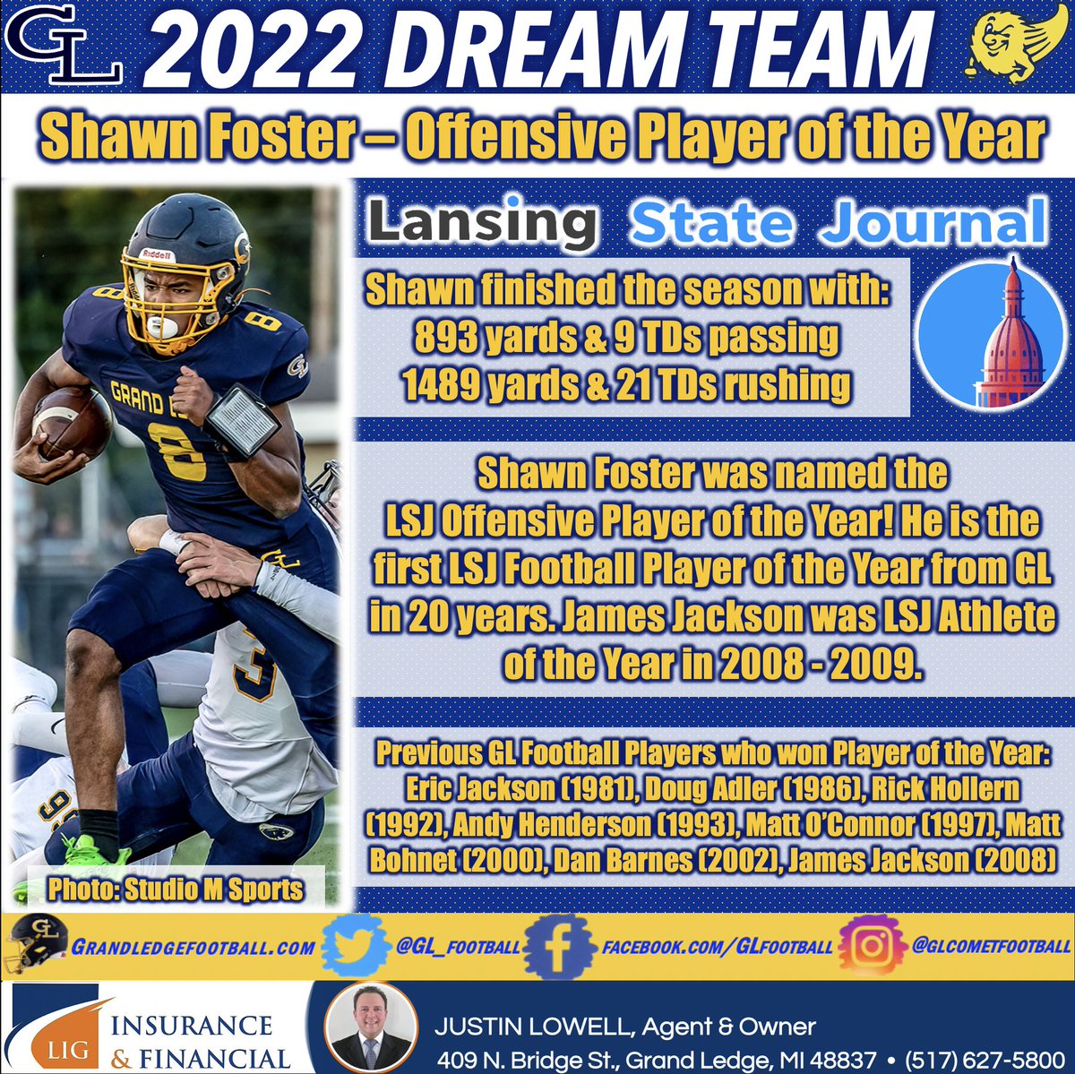 3 Players were named LSJ Dream Team!
QB Shawn Foster, DL Teddy Williams &amp; LB Andrew Konieczny!

Shawn was named LSJ Offensive Player of the Year! The first LSJ Football Player of the Year from GL in 20 years!

Congrats!