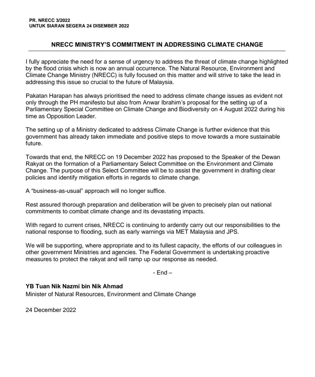 niknazmi's tweet photo. 'The NRECC on 19 December has proposed to the Dewan Rakyat Speaker to form a Parliamentary Select Committee on the Environment &amp; Climate Change. The purpose of this Select Committee will be to assist the government in drafting clear policies in regards to climate change.' https://t.co/LtdBavzIKH
