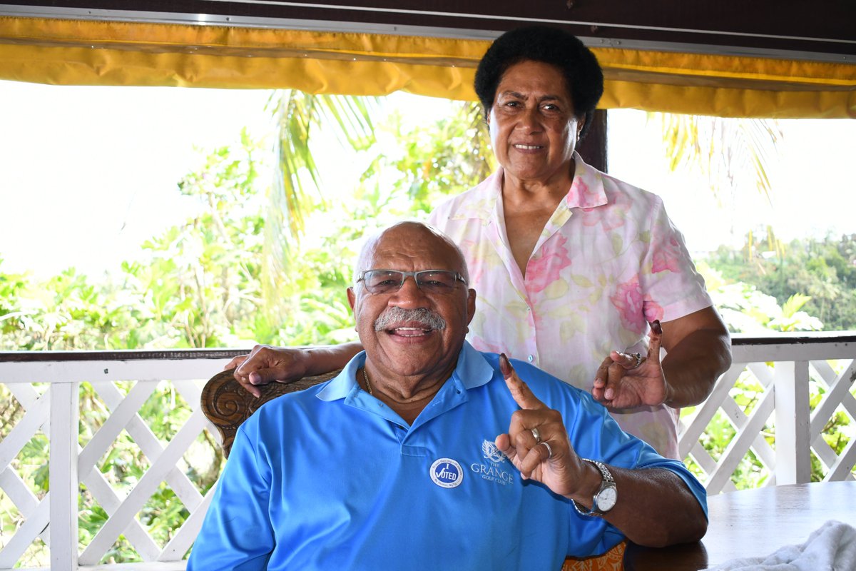 Sitiveni Rabuka is being sworn in at this hour as Fiji's next Prime Minister after being elected in Parliament this morning against outgoing PM Voreqe Bainimarama, ending 16 years of his leadership. Pictured here with wife Sulueti at their home after voting on Dec 14, 2022.