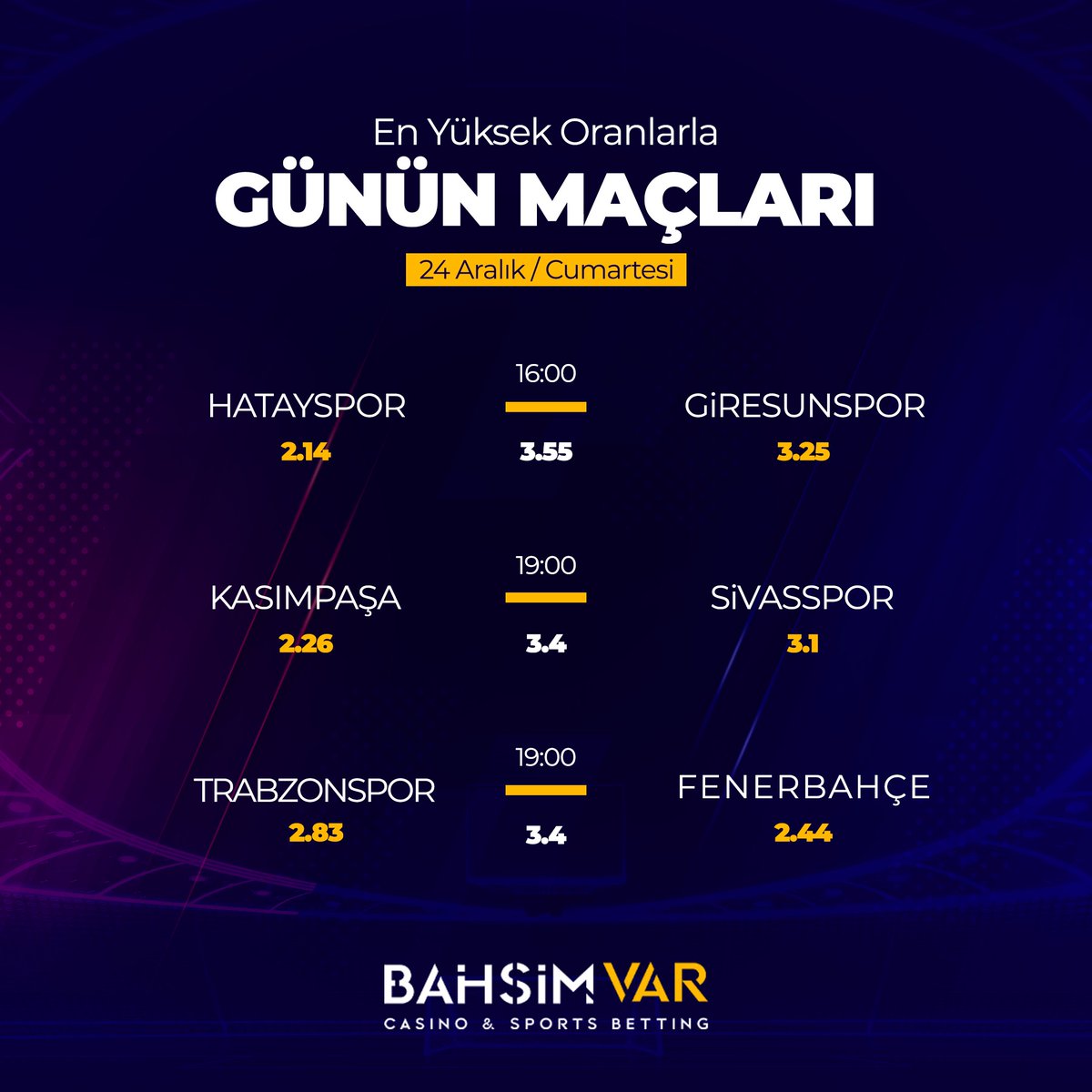 BahsimvarC's tweet photo. BAHSİMVAR 'DAN SÜPERLİGE⚡️
⭐️GÜNÜN YÜKSEK ORANLARI https://t.co/tXnvfO8HmX