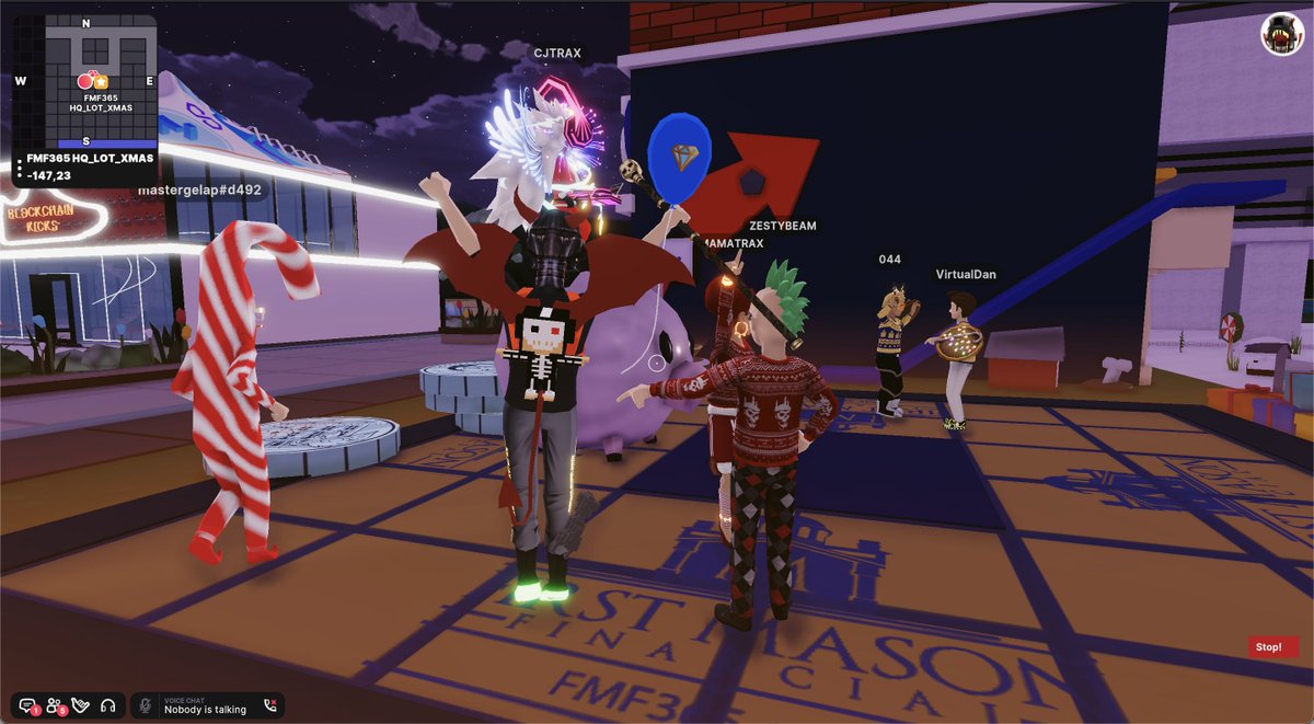 Yay, the 1st Annual FMF365 Holiday Soiree is about to start at the #FMF365HQ! Don't miss it.
play.decentraland.org/?position=-147…