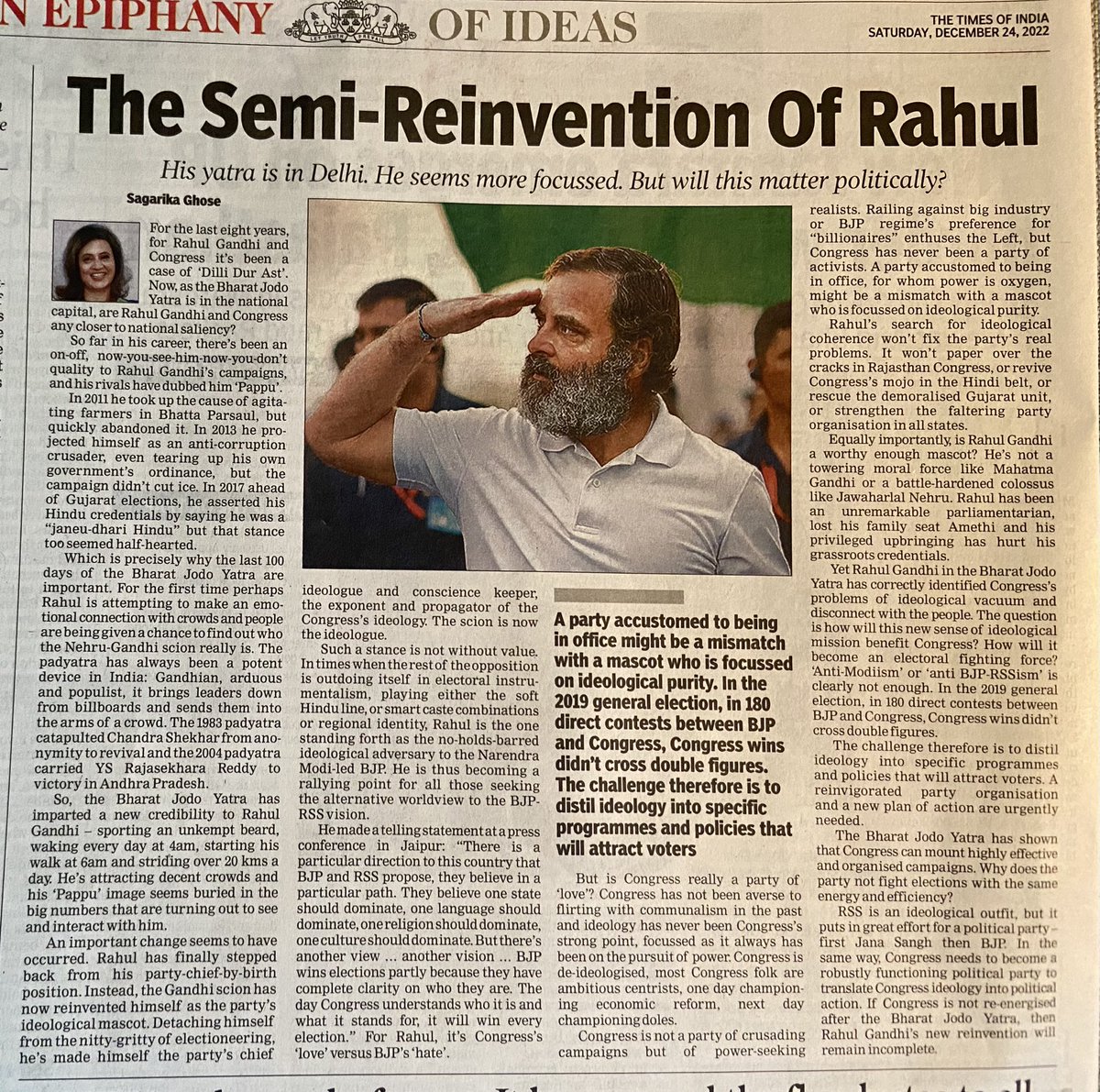 sagarikaghose's tweet image. Pappu no more. Rahul Gandhi’s “Pappu” tag has been buried as a result of #BharatJodoYatra. But @INCIndia’s challenge remains on how to win over voters and win elections. #BharatJodoYatraInDelhi