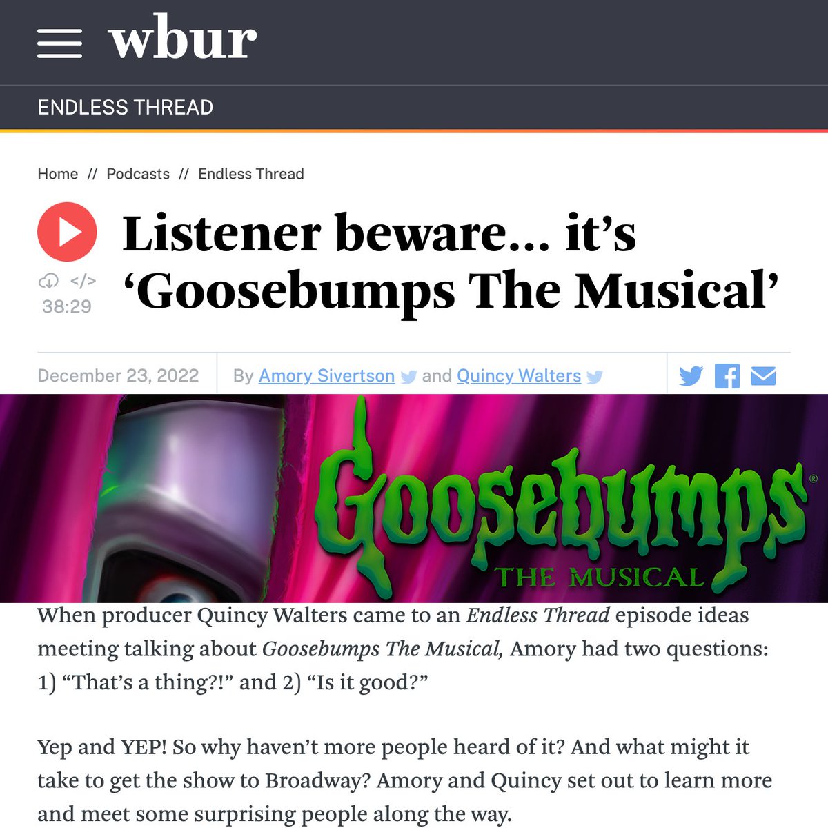 Goosebumps The Musical (@goosebumpsmus) on Twitter photo It's here! Listen to this very special @wbur feature on #GoosebumpsTheMusical, including an interview with <a href="/RL_Stine/">R.L. Stine</a>! Search <a href="/Endless_Thread/">Endless_Thread</a> wherever you get your podcasts! Trust us, you do NOT want to miss this one!! It's here! Listen to this very special @wbur feature on #GoosebumpsTheMusical, including an interview with <a href="/RL_Stine/">R.L. Stine</a>! Search <a href="/Endless_Thread/">Endless_Thread</a> wherever you get your podcasts! Trust us, you do NOT want to miss this one!!