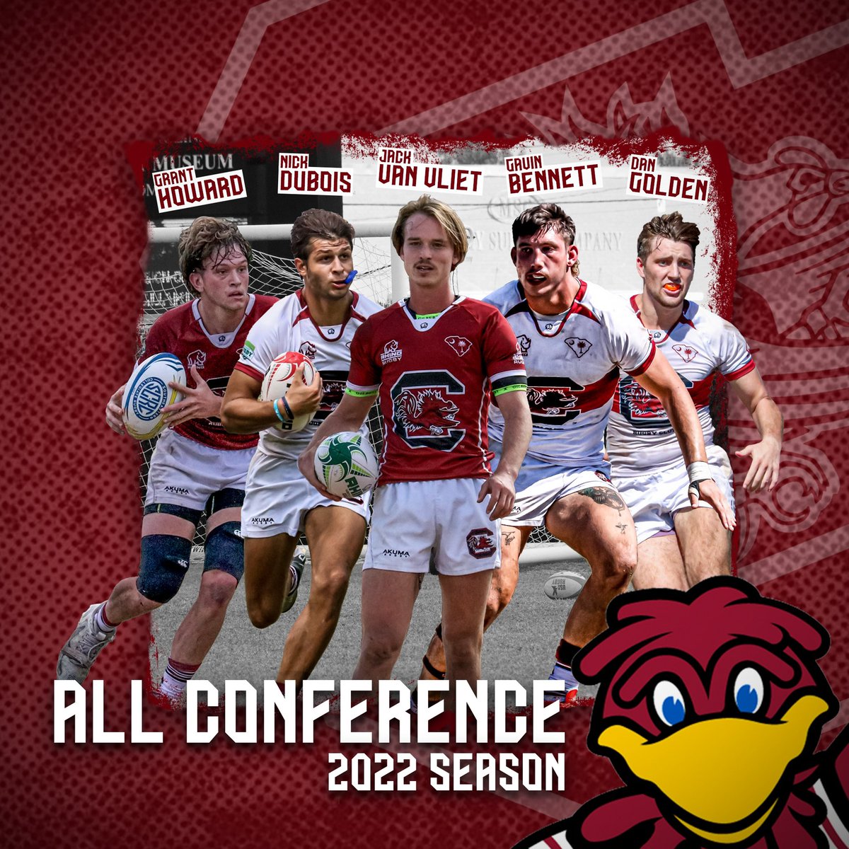 CockRugby's tweet photo. Recently, five players were named to the SCRC 2022 All Conference Team! Congratulations to Junior Forward Grant Howard, Freshman Back Nick Dubois, Junior Back Jack Van Vliet, Senior Forward Gavin Bennett and Senior Forward Dan Golden! #CockRugby #WitDaButta https://t.co/Bs62IvJfNS