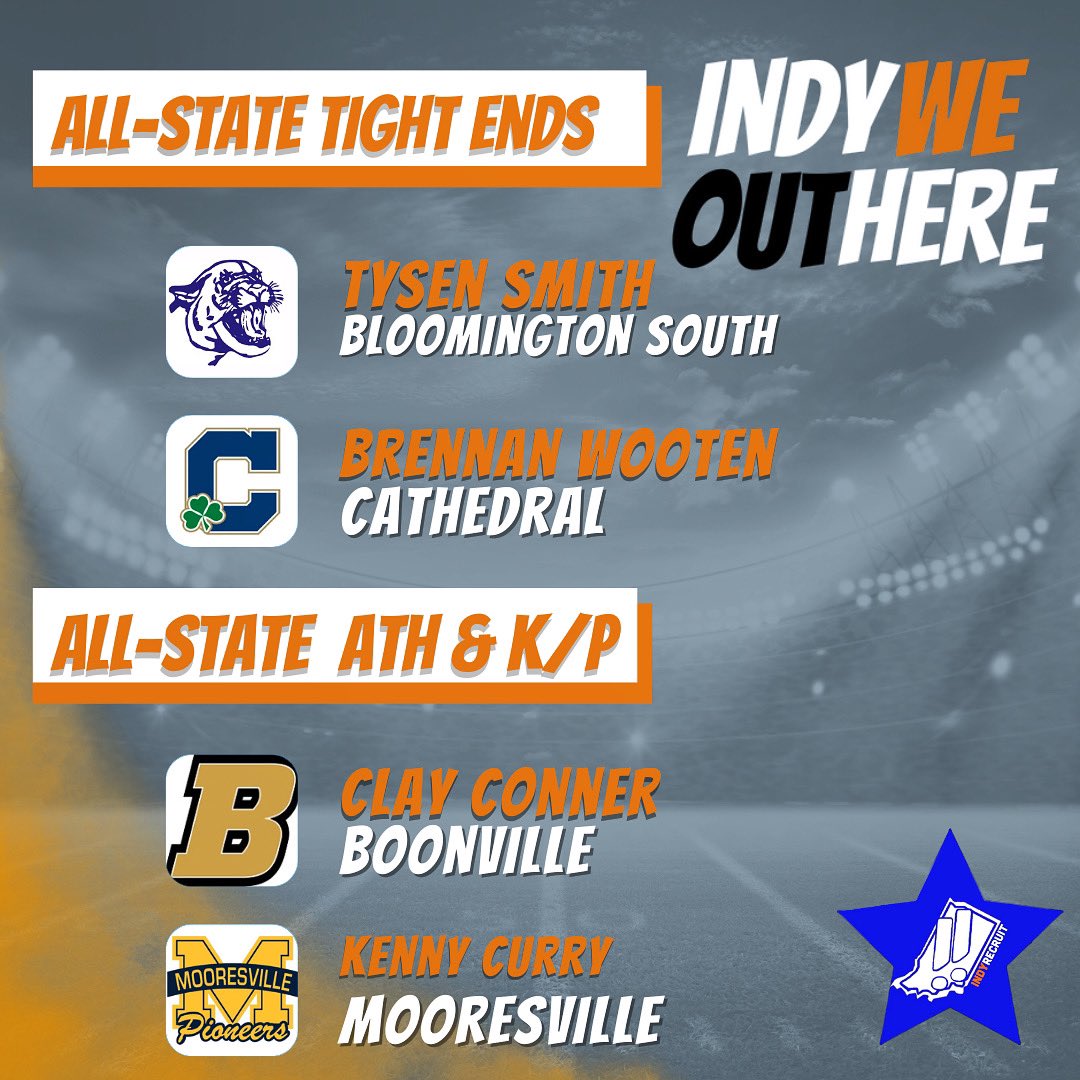 Announcing the 2022 IndyWeOutHere All State Team: Tight Ends, ATH, &amp; K/P✨

<a href="/TysenSmith2/">Tysen Smith</a> 

<a href="/brennan_wooten/">Brennan Wooten</a> 

<a href="/clayconnerr/">clay conner</a> 

<a href="/Kennycurry08/">Kenny Curry</a> 

Congrats on a successful season, we look forward to seeing what each of your futures have in store 🤝✨ #IndyWeOutHere <a href="/Indyrecruit_/">IndyRecruit</a>