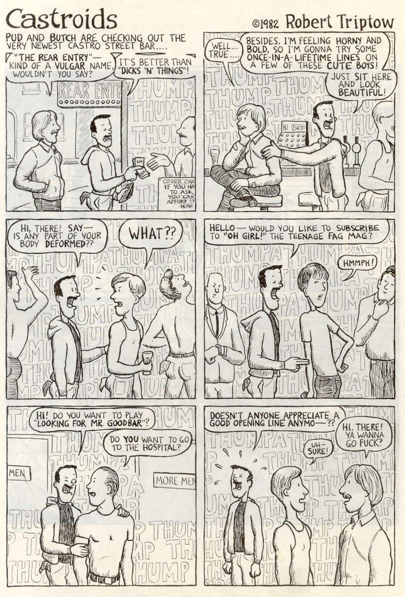 purplechrain's tweet image. Reading archives of underground Gay Comix from the 1980s and it’s all very “plus ça change, plus c’est la même chose” - most of the comics about bad pickup line, gay trans men navigating the queer community, sexual racism, etc. could just as easily be published today