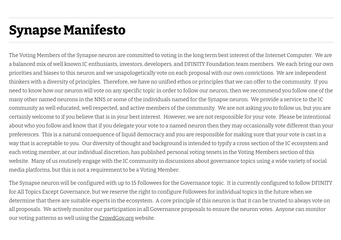 SynapseVote's tweet photo. The https://t.co/vuh9ktlkx1 neuron voted Yes on the NNS Principles proposal by @IsaacValadez55 and @ArthurFalls.  We have decided to update our manifesto to address how principles apply to our neuron.   

https://t.co/S5IPBD8tR0 https://t.co/saKab8YUpd