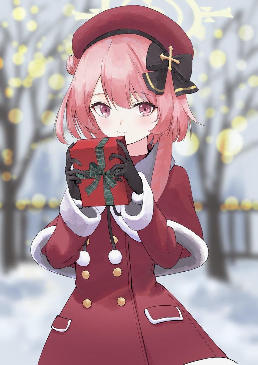 1girl halo pink hair solo hat gloves gift  illustration images