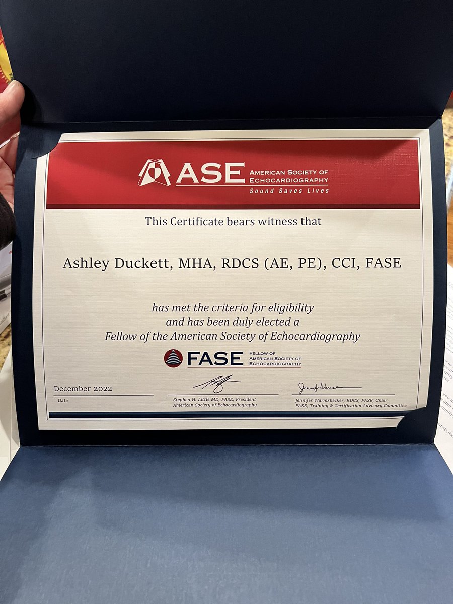 AshClipsDallas's tweet image. Sometimes life gets in the way and you don’t get to everything at the time you think you will. 

Finally, I applied to become a Fellow of the American Society of Echocardiography. I was granted FASE in the beginning of December! Today my certificate came in the mail 🥰