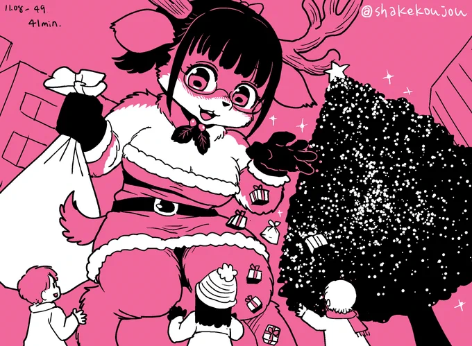 おはようございめゃす。 #起きらくがきサンタコスでクリスマスプレゼントを配る巨大トナカイ化妹です。#巨ケモ #MacroFurry 
