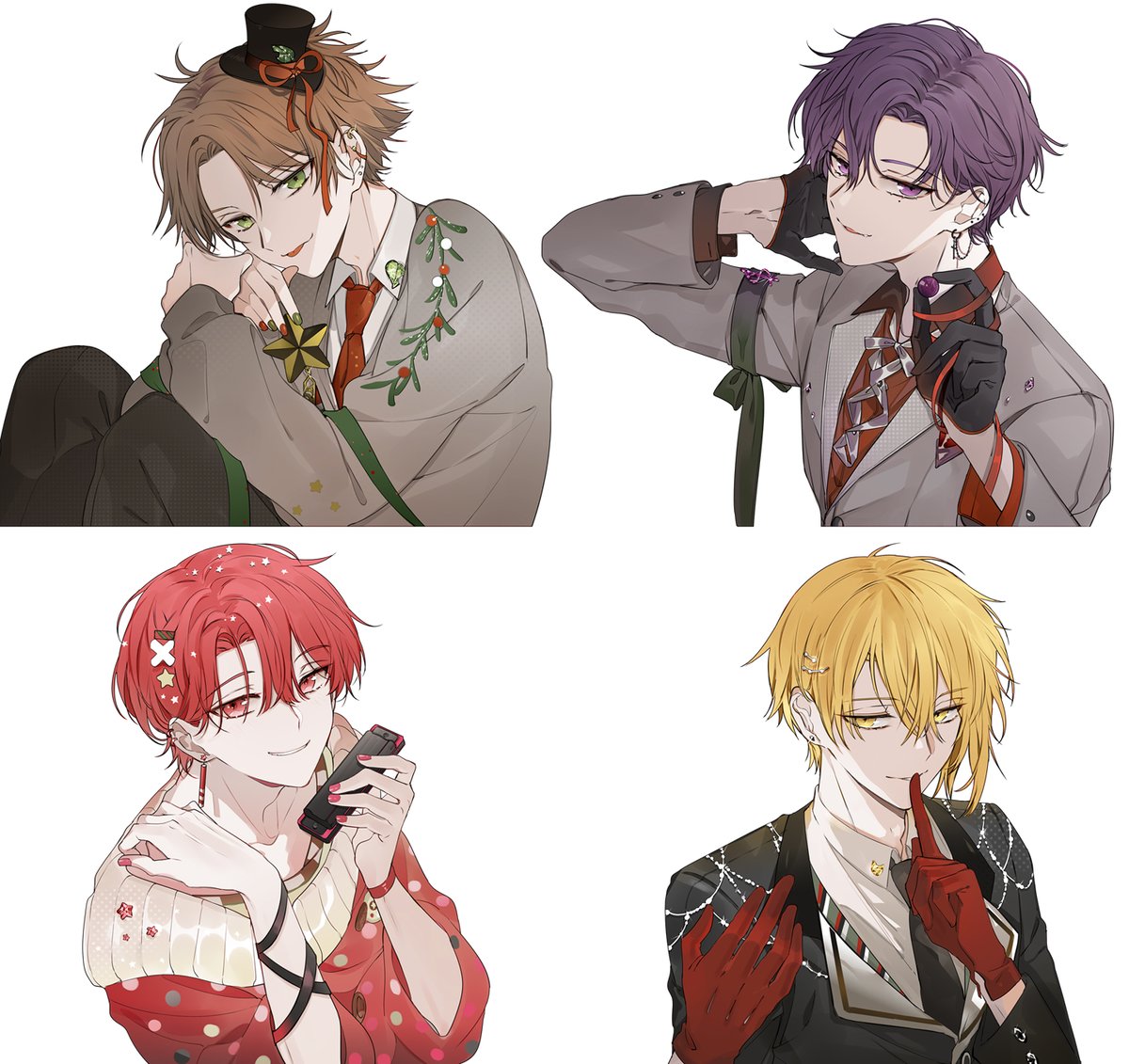 purple hair multiple boys red hair blonde hair gloves male focus half gloves  illustration images