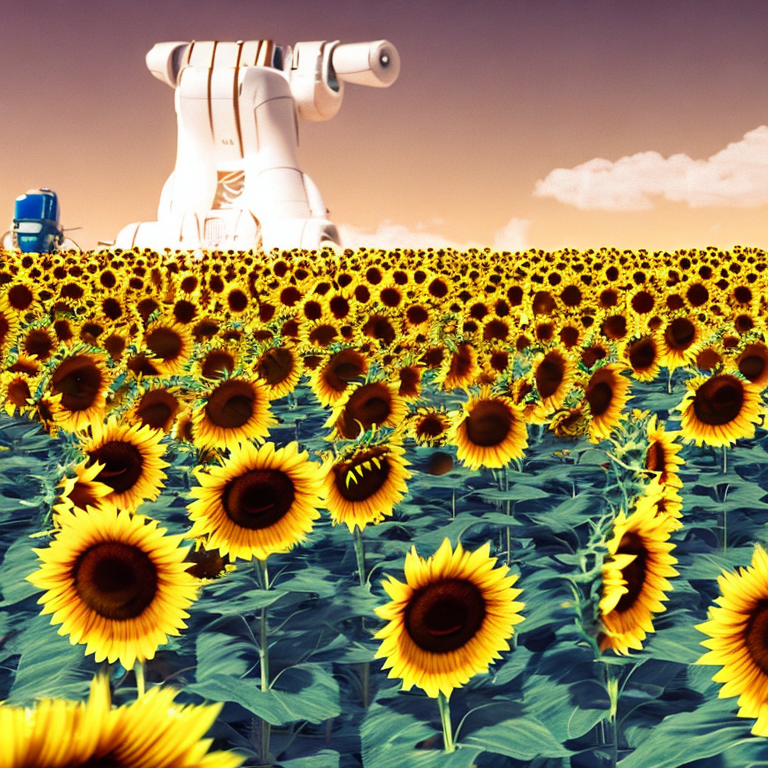 CREAIT_OFFICIAL's tweet photo. A hyper realistic sunflower field with a giant mecha looming in the background, rendered in octane render and post processed #hyper_realistic #sunflower_field #giant_mecha #octane_render #post_processed #aiart #aigeneratedart https://t.co/rFdGHmZ7XT