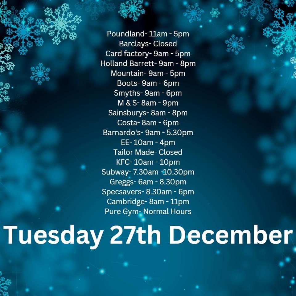 B31Voices's tweet photo. Longbridge Shopping opening times for the festive period and New Year 😁 

 #B31SupportingLocal #longbridge #Brum #Christmas22 #birmingham #birminghamuk https://t.co/vTYMFw0RNY